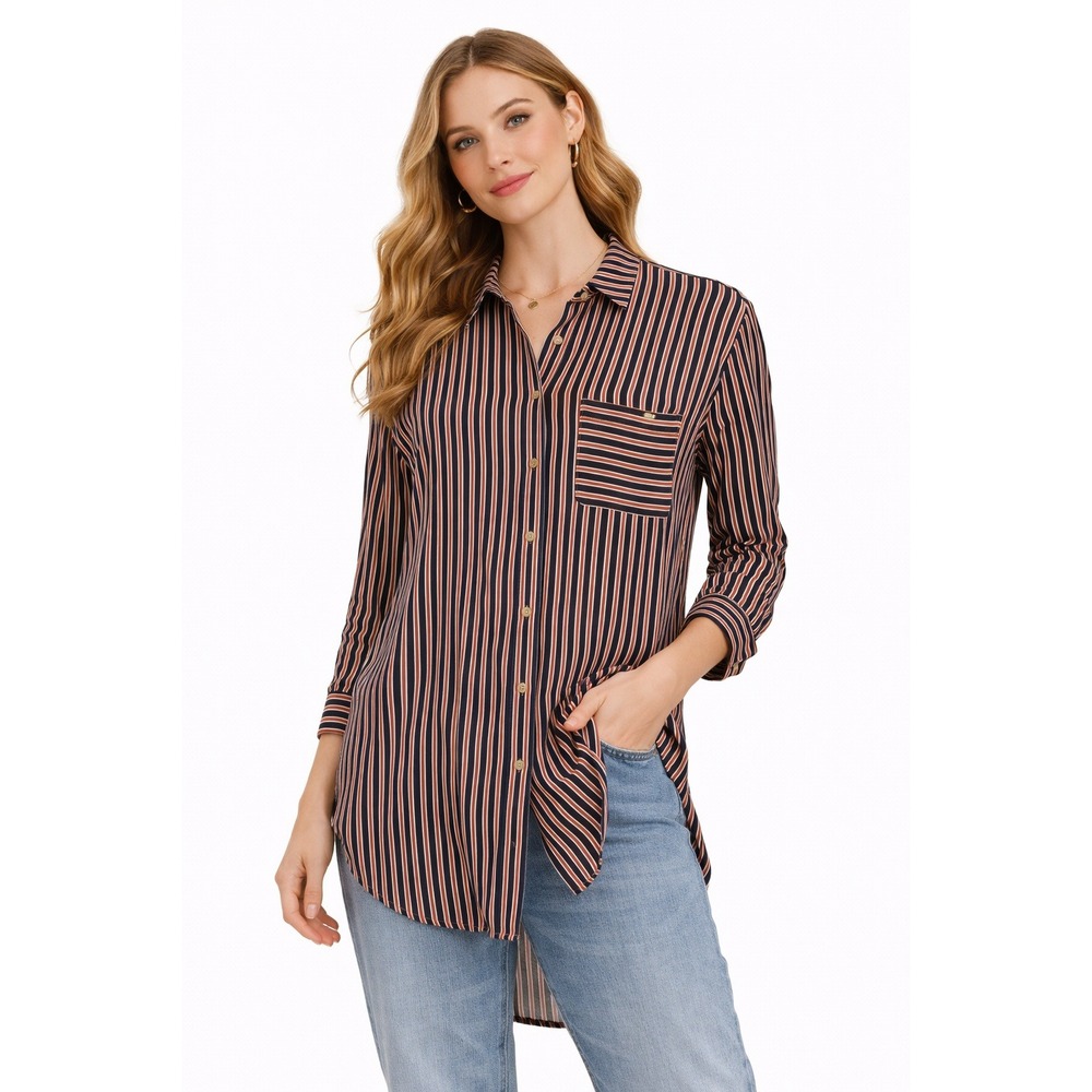 Maeve Striped Button Down Shirt Red Navy White Pocket Small Chic 90s Boho